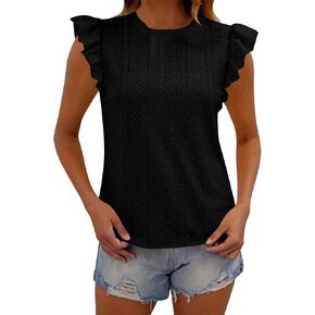 Womens Blouses Dressy Casual Ruffle Cap Sleeve Shirts Elegant Crochet Lace Tops Hollow Out Office Vintage Tees Shirt
