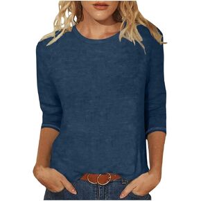 Womens Tops 3/4 Length Sleeve Tshirts Solid Color Basic Tee Summer Casual Crew Neck Blouses Work Outfits Clothes