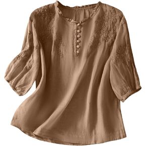 Floral Embroidered Tops for Women Cotton Linen Shirts Boho Ethnic Style Peasant Tee 3/4 Sleeve Button V Neck Tshirt