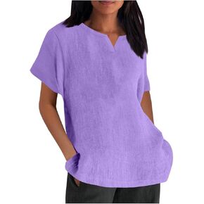 Womens Summer Tops Cotton Linen T-Shirts Casual Loose Fit V-Neck Tops Short Sleeve Blouse Holiday Soft Cmofy Shirts