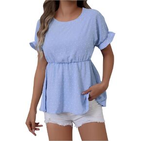 Women's Elegant Scoop Neck Peplum Tops Ruffle Short Sleeve Shirts Dressy Casual Cute Tops Fashion Swiss Dots Blouse