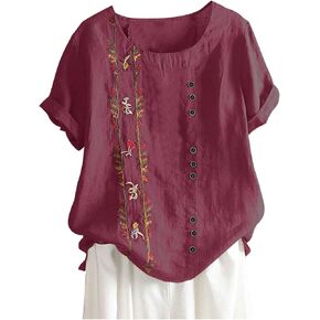 Shirts for Women Graphic Tees Cotton Linen Plus Size Tops Short Sleeve Button Up Blouses Summer Casual Tshirts