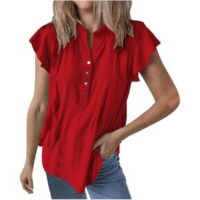 Womens Eyelet Tops Dressy Casual Ruffle Cap Sleeve Button V Neck Blouses Business Work Shirts Tee Summer Outfits