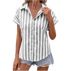 Linen Shirts for Women Cotton Short Sleeve V Neck Striped Collared Button Down Blouses Summer Beach Tops Tee Tshirts