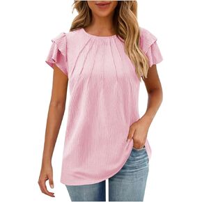 Womens Tops Dressy Casual Cute Pleated Ruffle Short Sleeve Blouses Round Neck Business Work Shirts Summer Outfits