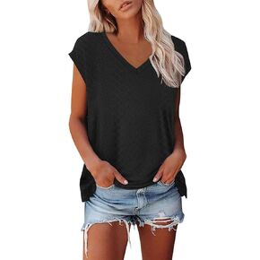 Womens Summer Casual Tops Eyelet Cap Sleeve V Neck Shirts Dressy Work Business Blouses Fashion Outfits Clothes
