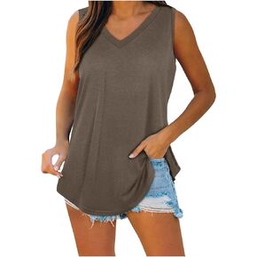 Womens Tank Tops Loose Fit Casual Summer Tops V Neck Basic Sleeveless Shirts Trendy Tunic Tee Solid Color Blouse