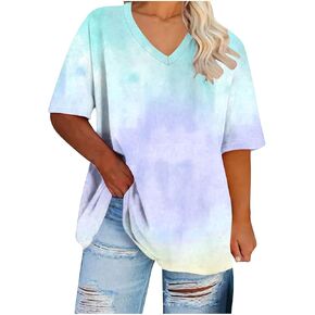 Womens Short Sleeve Tops Tie-dye Print Loose Fit Summer V Neck Tunic Shirts Dressy Casual Blouses Oversized Tshirt