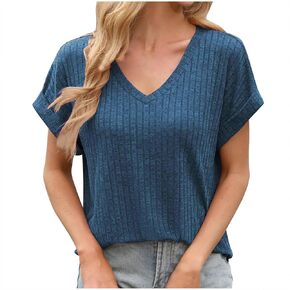 Summer Ribbed Knit Tops for Women Short Sleeve Shirts Dressy Casual Crew Neck Tshirts Fashion Blouse Work Outfits