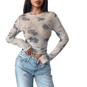 Lace Long Sleeve Floral Mesh Mockneck Going Out Tops for Women Fashion Blouse Sheer Cute Outfits Club Party Clothes