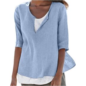 Womens Linen Shirts Short Sleeve Oversized Casual Loose Fit Tops Side Slit V Neck Tshirts Summer Cotton Tees Blouse