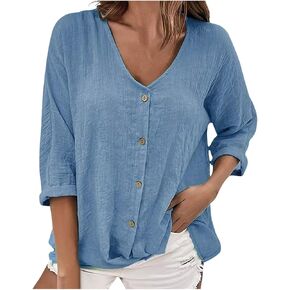 Womens Cotton Linen Tops Summer Button Down Shirts Dressy Causal Loose Fit Long Sleeve Gauze Blouses Trendy Clothes