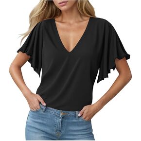 Womens Short Sleeve Tops Ruffle Short Sleeve T Shirts Summer V Neck Loose Fit Trendy Casual Tee Trendy Dressy Blouse