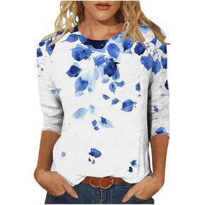Womens Tops Crewneck Floral Print 3/4 Sleeve Summer T Shirts Casual Loose Fit Blouses Trendy Fashion Outfits Clothes