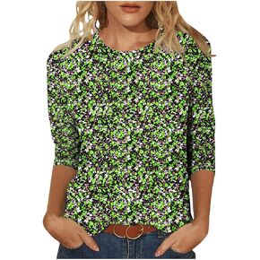 Womens Casual T Shirts Summer 3/4 Sleeve Crewneck Tunic Shirts Floral Print Tops Dressy Blouse Cute Outfits Clothes