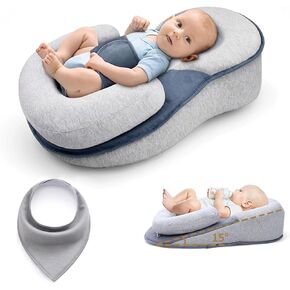 Baby Wedge Pillow for Newborn - Acid Reflux Breastfeeding Pillow - for Reducing Spit-Up with Safety Strap and Bandana Bibs, Clean and Hygienic Odor Resistant (Grey)