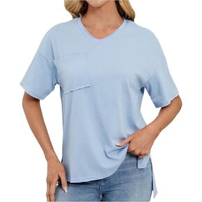 Shirts for Women Casual Short Sleeve V Neck Tshirts Loose Fit Tops Summer Tees with Pocket Work Clothes Outfits