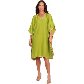 Women's Midi Beach Cover Up Kaftan – Solid Color Swimwear Dress with Multicolor Shell Lace Trim on Sleeves & V-Neckline