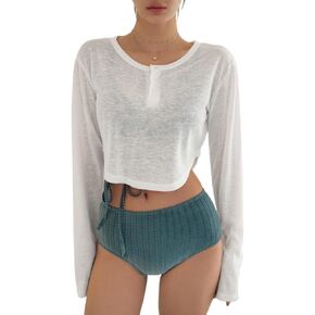 Women Swimsuit Cover Up Buttoned Placket Long Sleeve Cover Up Top Summer