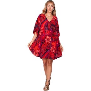 Women’s Red Floral Paradise Kaftan Beach Cover-Up – V-Neck, Kimono Sleeves, Lightweight, Free Size