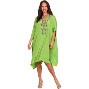 Women’s Basic Shade Kaftan Beach Cover-Up – Beaded V-Neck, Kimono Sleeves, Free Size Resort Wear