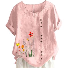 Cotton Linen Tops for Womens Crewneck Roll Up Short Sleeve Tshirt Tee Trendy Floral Print Casual Loose Fitted Blouse