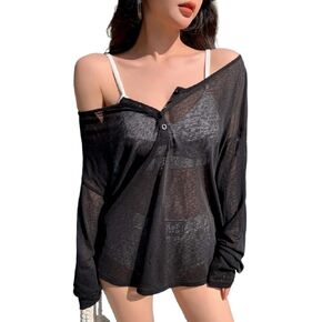 Women Swimsuit Cover Up Solid Color See-Through Mesh Cover Up Summer