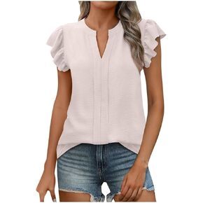 Womens Tops Ruffle Sleeve V Neck Causal Shirt Loose Fit Business Work Blouse Dressy T Shirts Summer Outfits Clothes