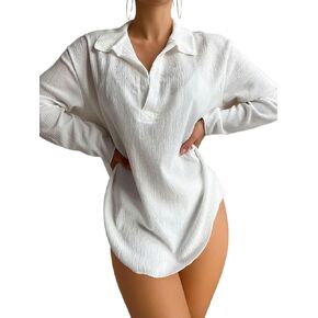 Women Swimsuit Cover Up Summer Beach Long Sleeve Collared Cover Up