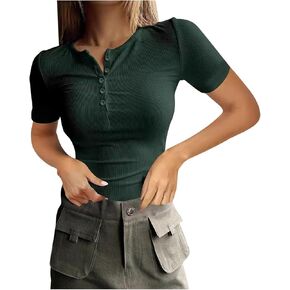 Womens Sexy Short Sleeve Button V Neck Tops Basic Slim Fit T Shirt Summer Going Out Tee Blouse Y2K Outfits Clothes