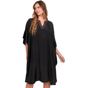 Women's Short Black Beach Cover-Up Kaftan – V-Neck with Contrast Embroidery | Kimono Sleeves | Free Size