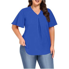 Plus Size Womens Summer Casual Tops Loose Fit Ruffle Short Sleeve T Shirts Crew Neck Pleated Blouses Solid Color Tee