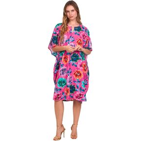 Women’s Midi Floral Kaftan Cover-Up – V-Neck, Kimono Sleeves, Free Size Lightweight Beachwear