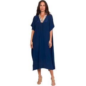 Women’s Long Kaftan Cover-Up – Contrast Embellished V-Neck, Kimono Sleeves, Free Size Resort Wear