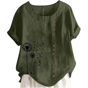 Womens Short Sleeve Linen Shirts Trendy Crewneck Flower Printed Tees Dandelion Graphic Blouse Casual Cotton Tops