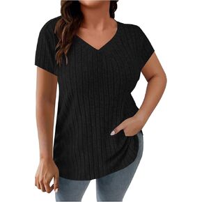 Women's Plus Size T Shirts Short Sleeve V Neck Basic Tees Fashion Trendy Plain Tops Casual Summer Ribbed Knit Tshirt