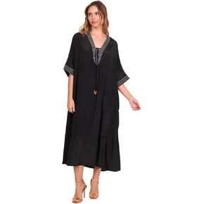 Women’s Solid Beach Cover-Up – Lace-Up V-Neck Kaftan Dress, Stripe Trim Sleeves, Midi Length, Free Size