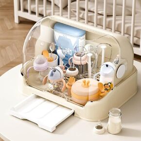 Baby Bottle Drying Rack with Lid & Removable Drain Tray – Space-Saving Bottle Storage Organizer, Foldable Baby Cups Rack Holder for Newborns, Pacifiers, Cups, Accessories (Cream (L))