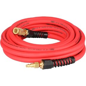Durable Hybrid Air Hose, Flexible Air Compressor Hose 3/8 Inch ID x 50 Feet Long with Repairable Solid Brass 1/4" Industrial Quick Coupler and Plug, 300 PSI Maximum Pressure, Red