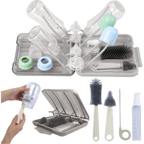 Portable Baby Bottle Cleaning Kit – 6-in-1 Travel Bottle Brush Set with Drying Rack, Nipple Brush, Straw Brush, Soap Dispenser & Storage Box – Essential Baby Bottle Cleaner for Home & Travel