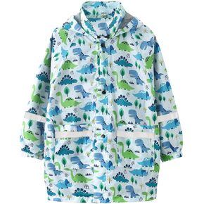 Kids Raincoat Rain Jacket Rain Suit Boys Girls Rain Suit Reflective Strips Dinosaur Print Outdoor Sports