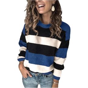 Women's 2023 Fall Stripe Contrast Pullover Sweaters Color Block Long Sleeve Crew Neck Tops Ribbed Casual Loose Blouses
