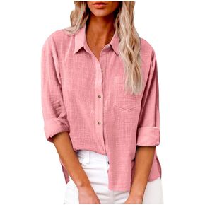Women Long Sleeve Collared Shirt Simple Solid Color Tunic Blouses Loose Fit Lightweight Shirts Tops
