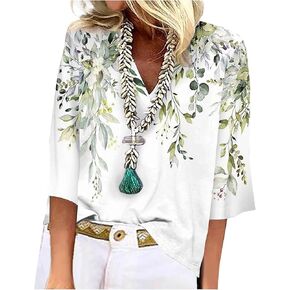 Three Quarter Sleeve Tops Womens Shirt V Neck Blouse 2024 Tunic Print Trendy Loose Tee Breathable Daily Tshirt