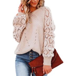Women's Hollow Out Sweater Off Shoulder Crochet Crew Neck Long Sleeve Knit Pullover Tops Casual Loose Blouses