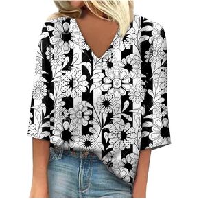 Tee Tee 3/4 Sleve Tunic V-Neck Tshirt Tops Tops Print Summer Strendy Shirt Treasable 2024 Blouse