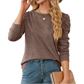 Women’s Dressy Ruffle Lantern Long Sleeve Shirts Ribbed Knit Crew Neck Tops Solid Casual Loose Blouse