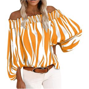 Women's Off Shoulder Striped Bell Long Sleeve Shirts Ruffle Sleeve Floral Printed Tops Casual Loose Blouses