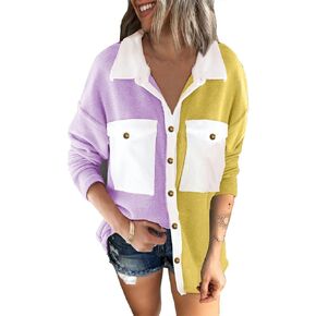 Women's Oversized Color Block Button Down Shirts Long Sleeve Boyfriend Contrast Tops Casual Fall Blouses with Pockets