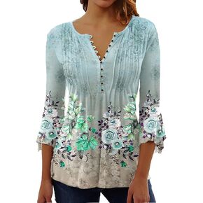 3/4 Sleeve Blouse Women's 2024 V Neck Tunic Slim Tee Button Up Daily Dressy Tshirt Floral Print Tops